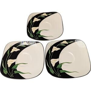 Vtg Sango Quadrille Saucers LOT 3 Black Lilies 5101 KOREA 6.5" Square Floral 80s